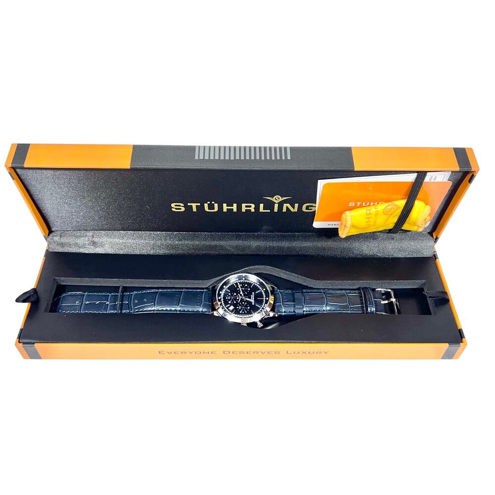 Stuhrling Original Rialto 3975L Chronograph Watch 44mm Stainless Steel Blue Dial - Picture 12 of 13